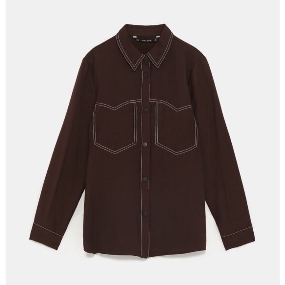 Zara Shirt Women Brown W/White Top Stitching. Long Sleeve, Collar, Snap NWT. Med